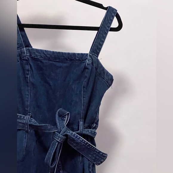 Denim long pant jumpsuit with tie waist - Picture 1 of 3